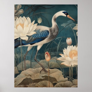 Vintage botanical scene blue crane and lotus poster