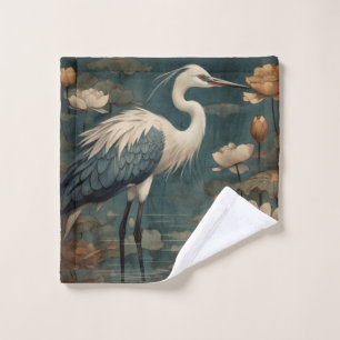Vintage botanical scene blue crane and lotus too bath towel set