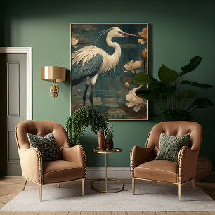 Vintage botanical scene blue crane and lotus too canvas print