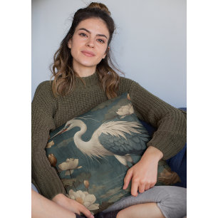 Vintage botanical scene blue crane and lotus too cushion