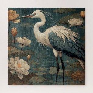 Vintage botanical scene blue crane and lotus too jigsaw puzzle
