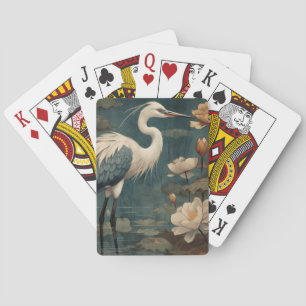 Vintage botanical scene blue crane and lotus too playing cards