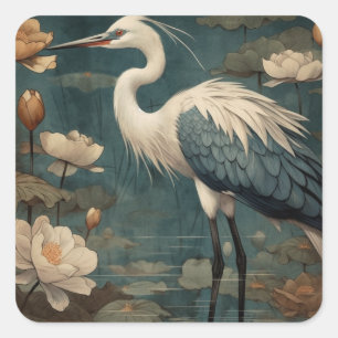 Vintage botanical scene blue crane and lotus too square sticker