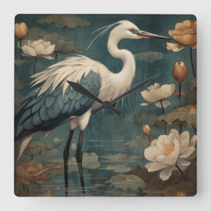 Vintage botanical scene blue crane and lotus too square wall clock