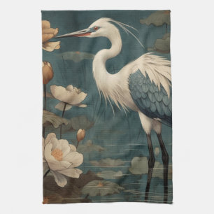 Vintage botanical scene blue crane and lotus too tea towel