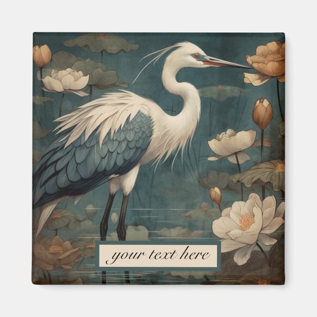 Vintage botanical scene blue crane customisable magnet (Front)