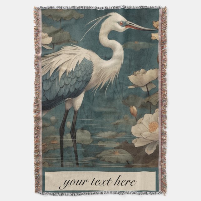Vintage botanical scene blue crane customisable throw blanket (Front Vertical)