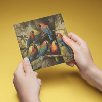 Vintage botanical scene colourful parrots in a tre