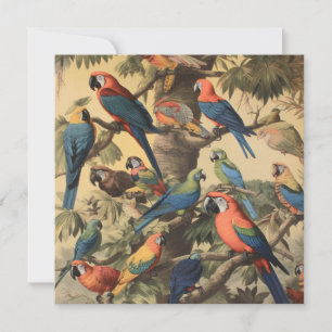 Vintage botanical scene colourful parrots in a tre