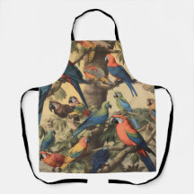 Vintage botanical scene colourful parrots in a tre