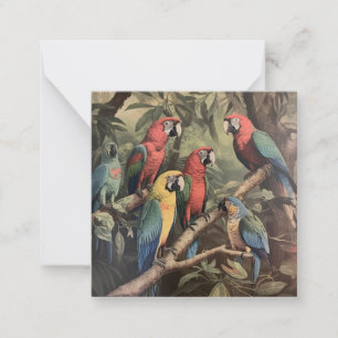 Vintage botanical scene colourful parrots in a tre card