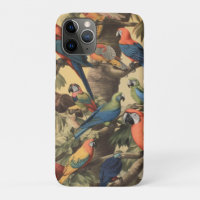 Vintage botanical scene colourful parrots in a tre
