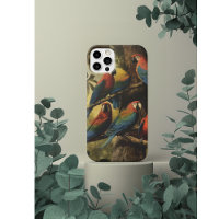 Vintage botanical scene colourful parrots in a tre