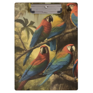 Vintage botanical scene colourful parrots in a tre clipboard