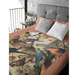 Vintage botanical scene colourful parrots in a tre fleece blanket