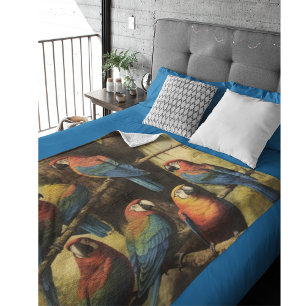 Vintage botanical scene colourful parrots in a tre fleece blanket