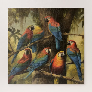 Vintage botanical scene colourful parrots in a tre jigsaw puzzle