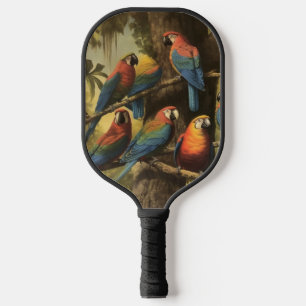 Vintage botanical scene colourful parrots in a tre pickleball paddle