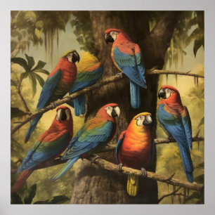 Vintage botanical scene colourful parrots in a tre poster