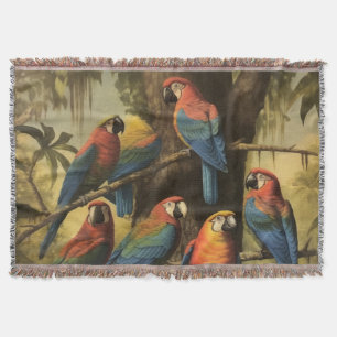 Vintage botanical scene colourful parrots in a tre throw blanket