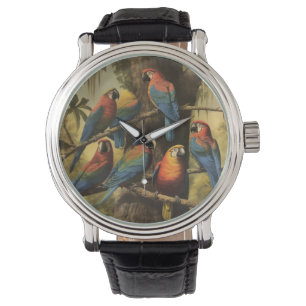 Vintage botanical scene colourful parrots in a tre watch