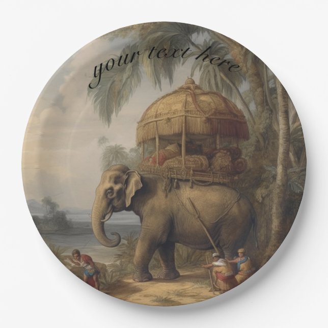 Vintage botanical scene elephant  customisable paper plate (Front)