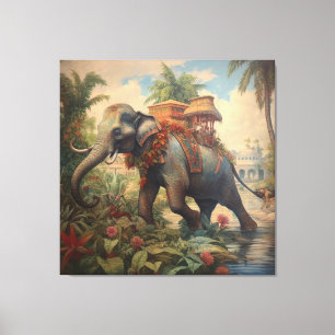 Vintage botanical scene elephant with howdah canvas print