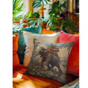 Vintage botanical scene elephant with howdah   cushion