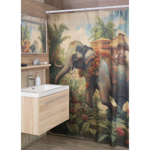 Vintage botanical scene elephant with howdah shower curtain