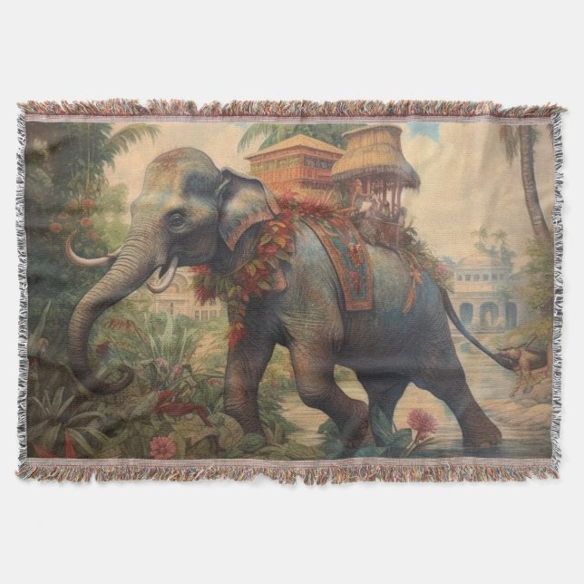 Vintage botanical scene elephant with howdah   throw blanket (Front)