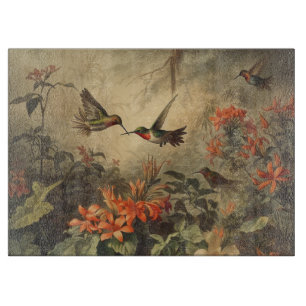 Vintage botanical scene hummingbirds and flowers cutting board