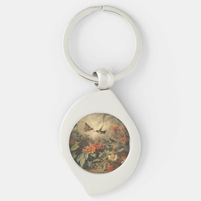 Vintage botanical scene: hummingbirds and flowers key ring (Front)