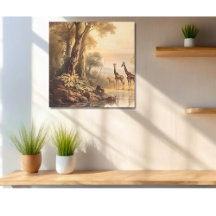 Vintage botanical scene of giraffes by the river