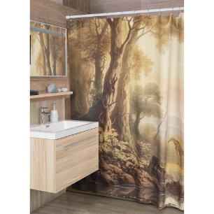 Vintage botanical scene of giraffes by the river shower curtain