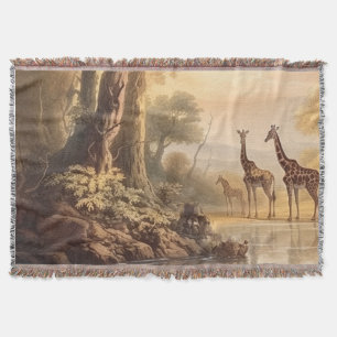 Vintage botanical scene of giraffes by the river throw blanket