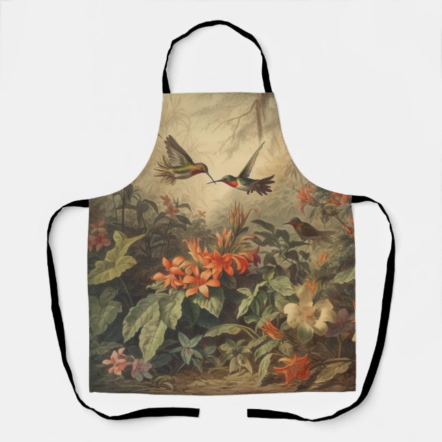 Vintage botanical scene of hummingbirdsand flowers apron (Front)