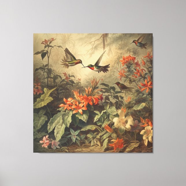 Vintage botanical scene of hummingbirdsand flowers canvas print (Front)