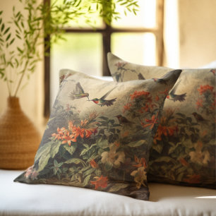 Vintage botanical scene of hummingbirdsand flowers cushion
