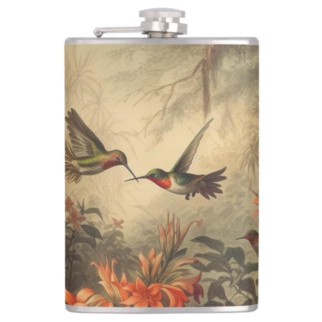 Vintage botanical scene of hummingbirdsand flowers hip flask (Front)