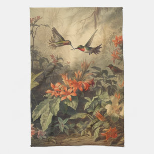 Vintage botanical scene of hummingbirdsand flowers tea towel