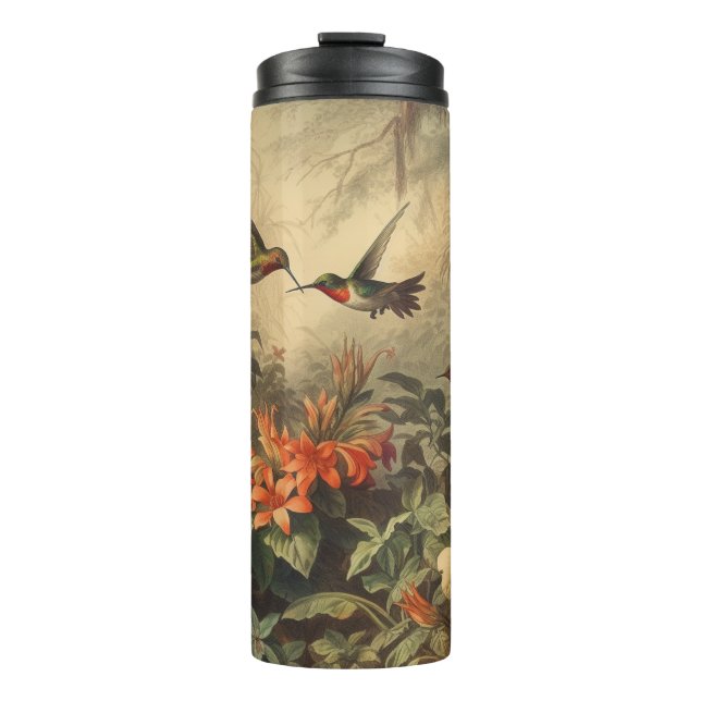 Vintage botanical scene of hummingbirdsand flowers thermal tumbler (Front)