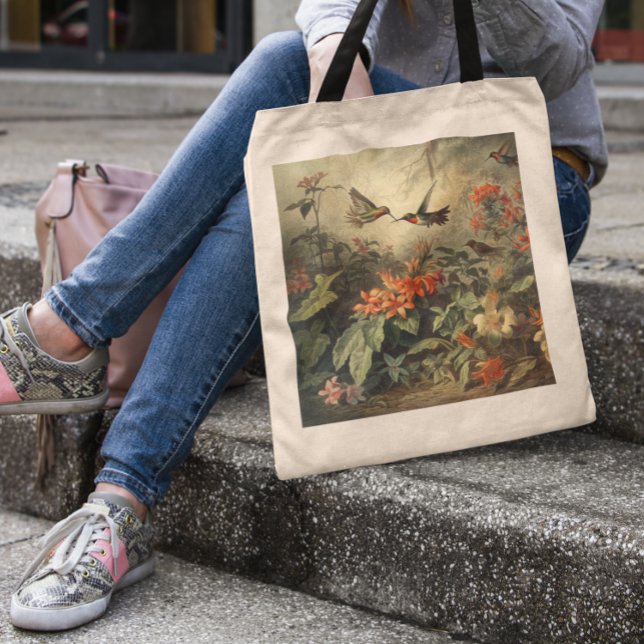 Vintage botanical scene of hummingbirdsand flowers tote bag (Creator Uploaded)