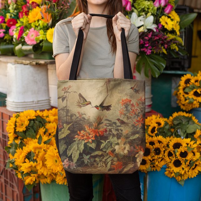 Vintage botanical scene of hummingbirdsand flowers tote bag (Creator Uploaded)