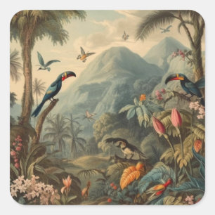 Vintage botanical scene of parrots and flowers square sticker
