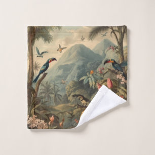 Vintage botanical scene of toucans and flowers bath towel set