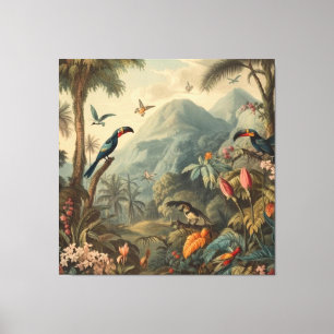Vintage botanical scene of toucans and flowers canvas print