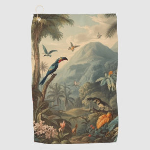 Vintage botanical scene of toucans and flowers golf towel
