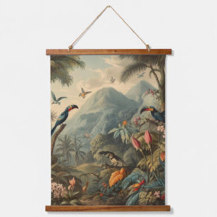 Vintage botanical scene of toucans and flowers hanging tapestry