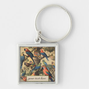 Vintage botanical scene parrots customisable key ring