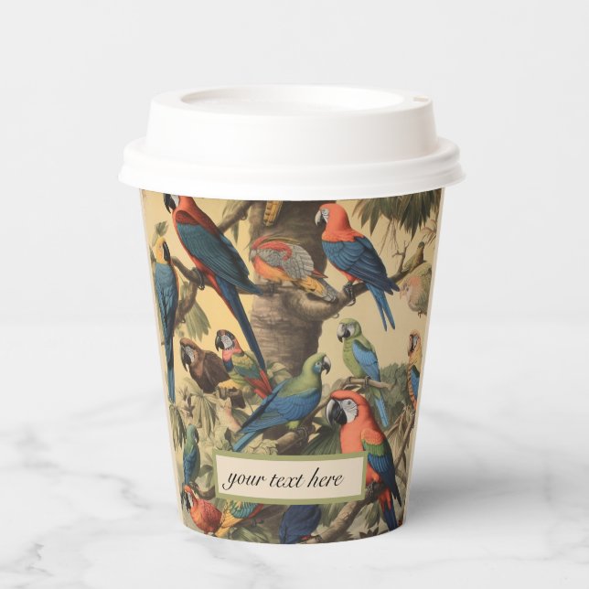 Vintage botanical scene parrots customisable  paper cups (Front)
